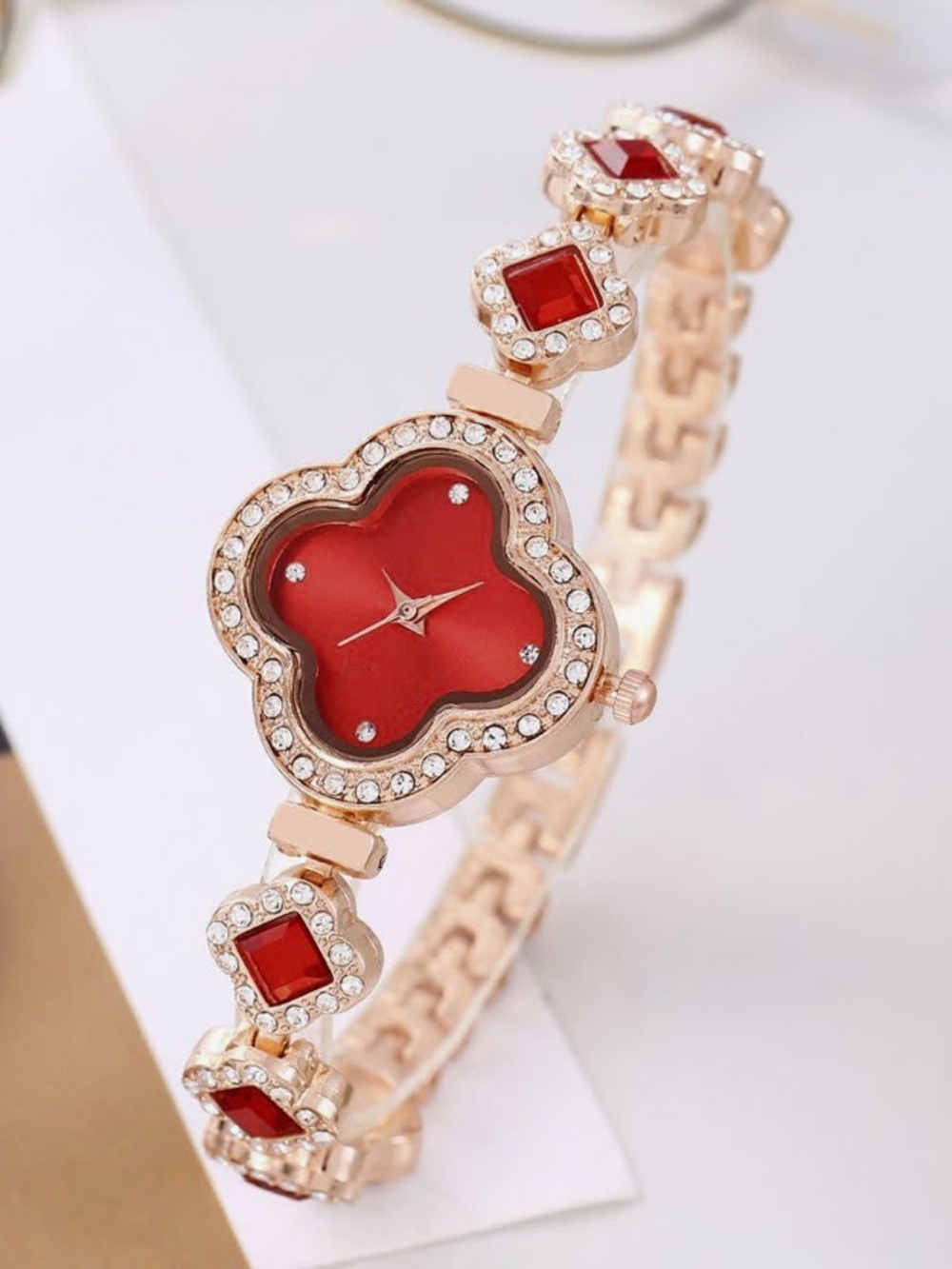 Watch-Ruby Red simulated 4 Leaf Clover Rose Gold Watches, Diamond like Bracelet